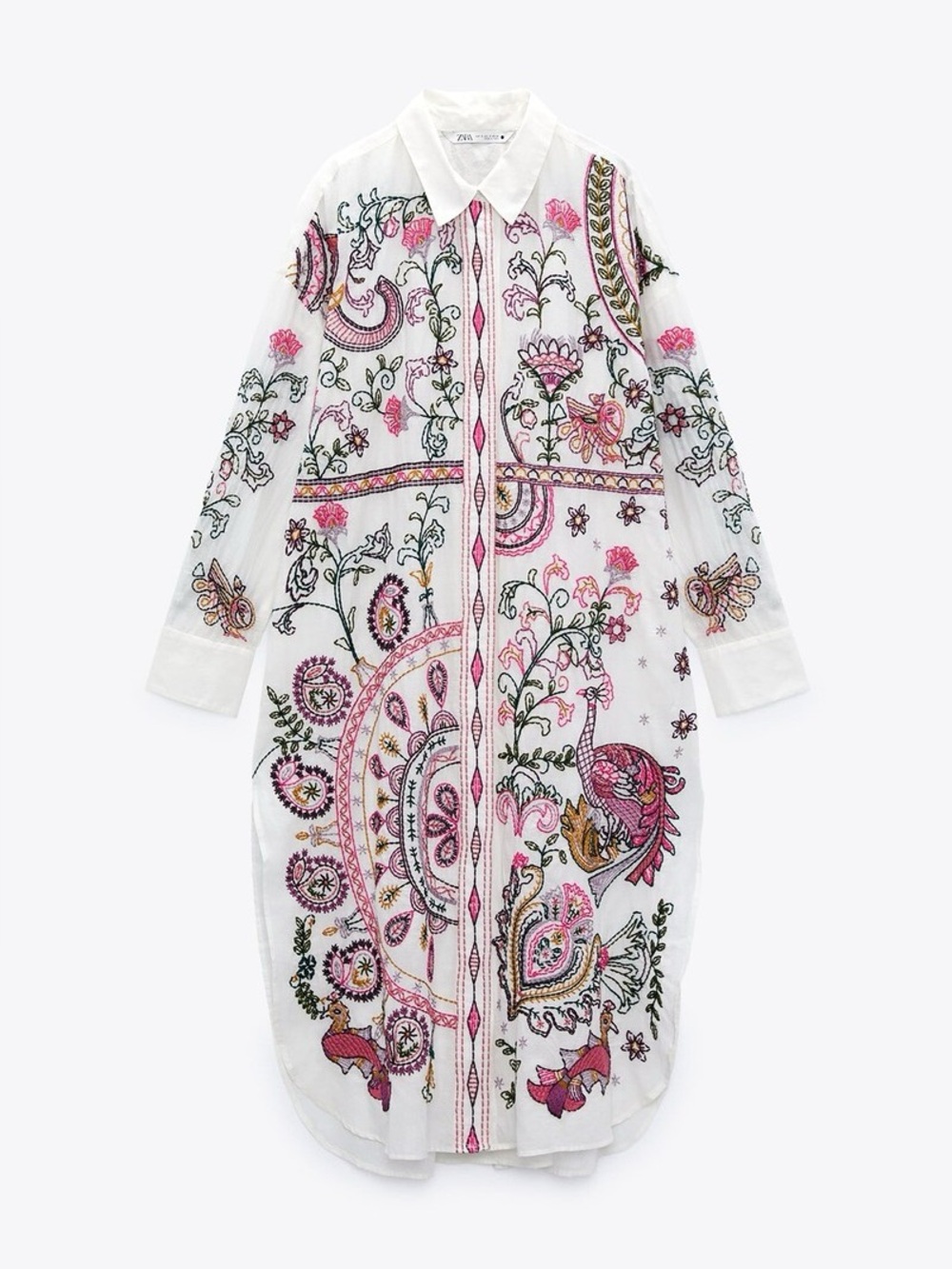 Zara Embroidered Bohemian Long Shirt Dress Button Down Cover White Cotton Size S
